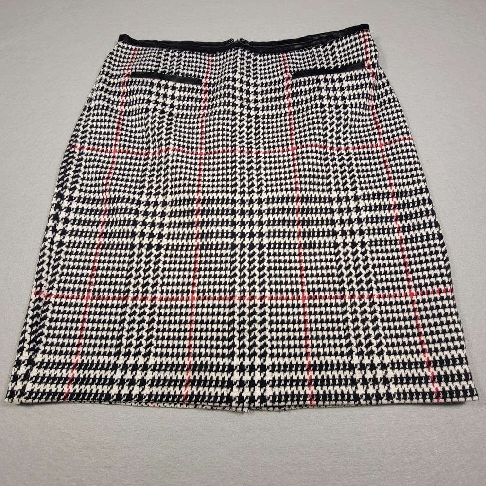 Talbots Petites Plaid Pencil Skirt Black White Red Faux Leather Trim Size 10‎ P